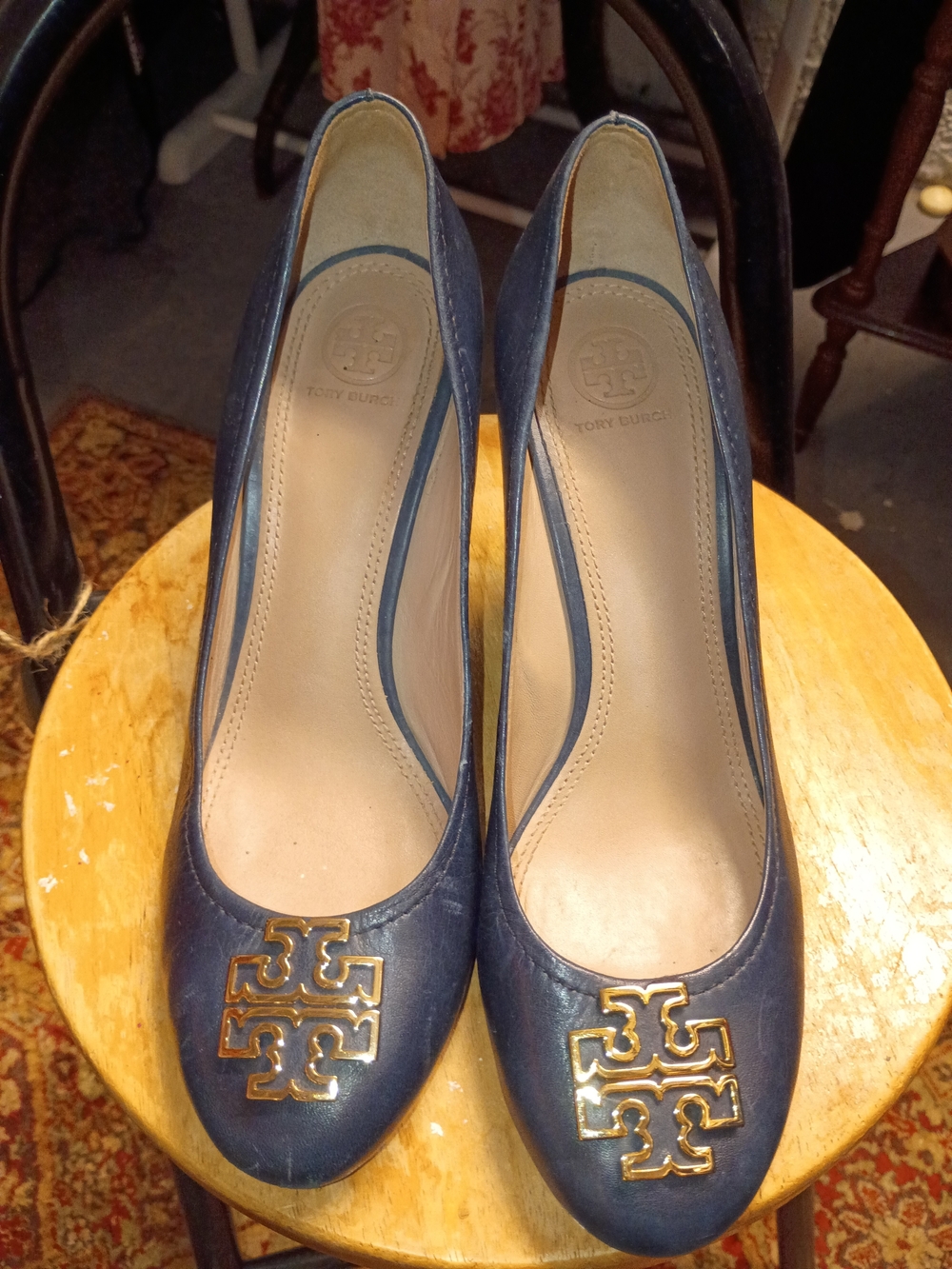 Tory Burch Navy Leather Reva Wedge with Gold Emblem